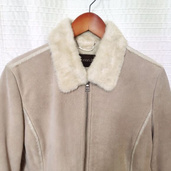 Y2K Guess Suede Leather Soft Faux Fur Lined Coat Light Tan Women's M - Picture 2 of 12